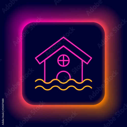 Glowing neon line House flood icon isolated on black background. Home flooding under water. Insurance concept. Security, safety, protection, protect concept. Colorful outline concept. Vector