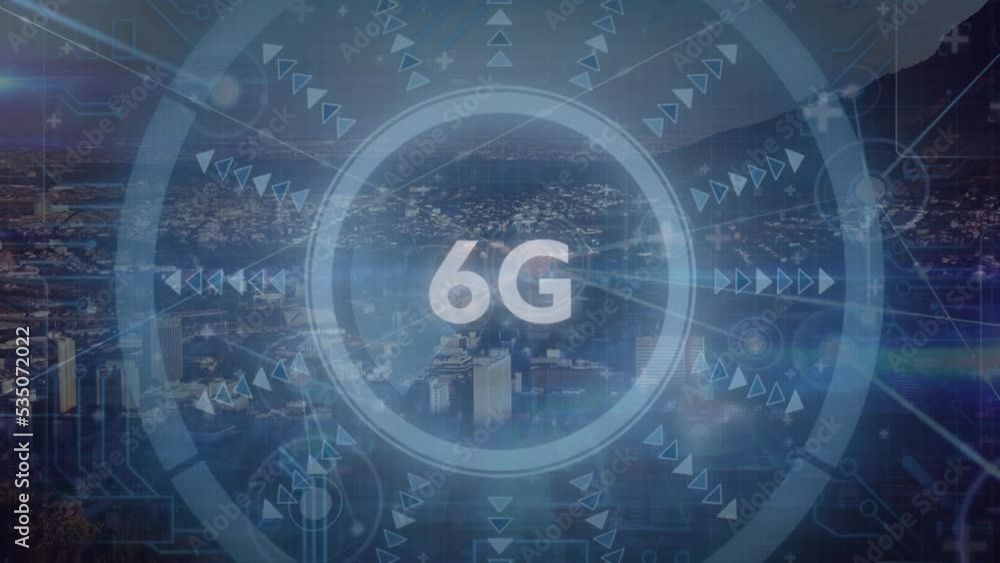 Animation of data processing over city and 6g text Animation of data processing over city and 6g text