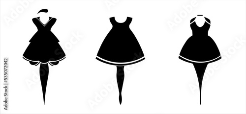 Three classic-style female dress forms in silhouette on mannequin. Black colored dress icon vector illustration set.