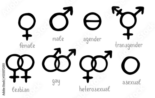 Vector set of few symbols of genders and sexual orientation. Hand drawn elements.