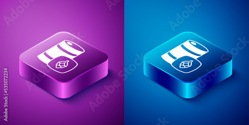 Isometric Metal beer keg icon isolated on blue and purple background. Square button. Vector