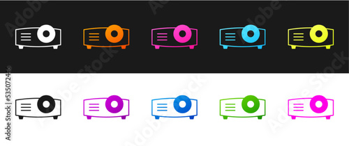 Set Presentation, movie, film, media projector icon isolated on black and white background. Vector