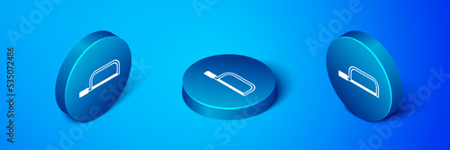 Isometric Hacksaw icon isolated on blue background. Metal saw for wood and metal. Blue circle button. Vector