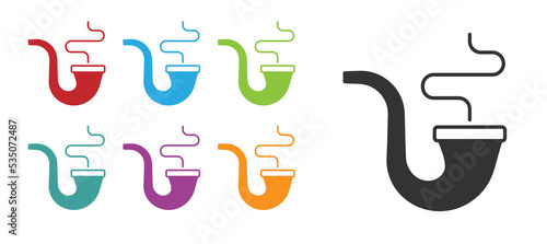 Black Smoking pipe with smoke icon isolated on white background. Tobacco pipe. Set icons colorful. Vector