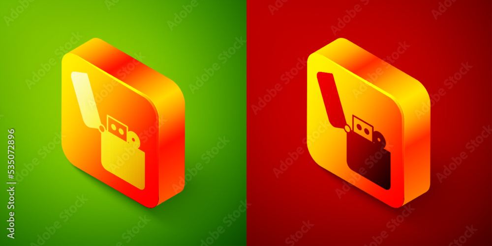Isometric Lighter icon isolated on green and red background. Square button. Vector Isometric Lighter icon isolated on green and red background. Square button. Vector