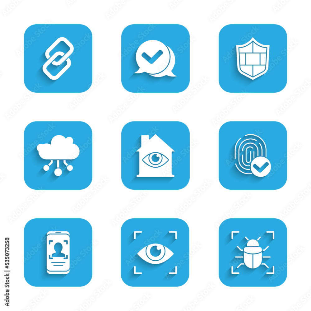 Set House with eye scan, Eye, System bug, Fingerprint, Mobile and face recognition, Internet of things, Shield brick wall and Chain link icon. Vector Set House with eye scan, Eye, System bug, Fingerprint, Mobile and face recognition, Internet of things, Shield brick wall and Chain link icon. Vector