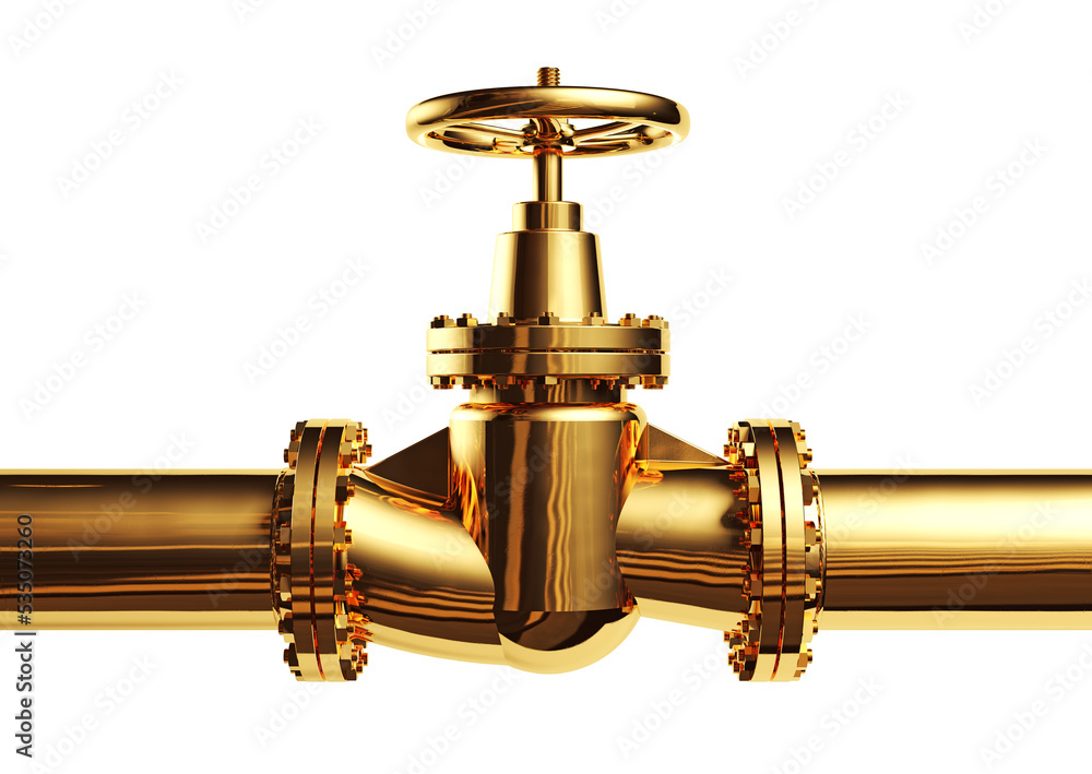 Golden gas pipeline with gas tap. Golden decorative pipeline.