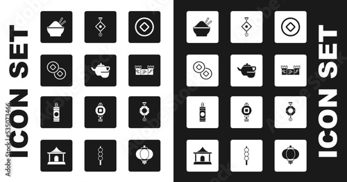 Set Chinese Yuan currency, tea ceremony, Rice bowl with chopstick, Great wall of China, paper lantern, and Firework icon. Vector