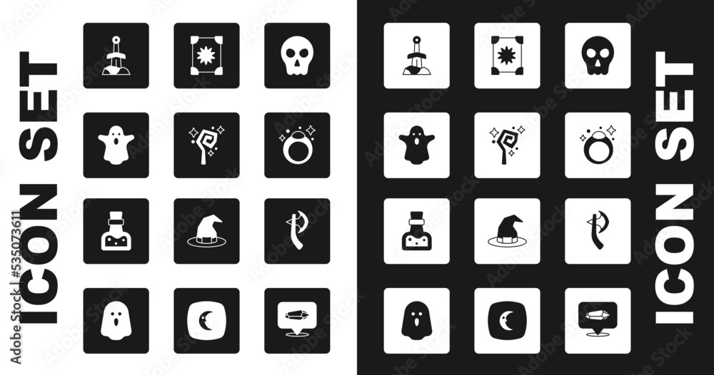 Set Skull, Magic staff, Ghost, Sword in the stone, ring, Ancient magic book, Wooden axe and Bottle with potion icon. Vector Set Skull, Magic staff, Ghost, Sword in the stone, ring, Ancient magic book, Wooden axe and Bottle with potion icon. Vector