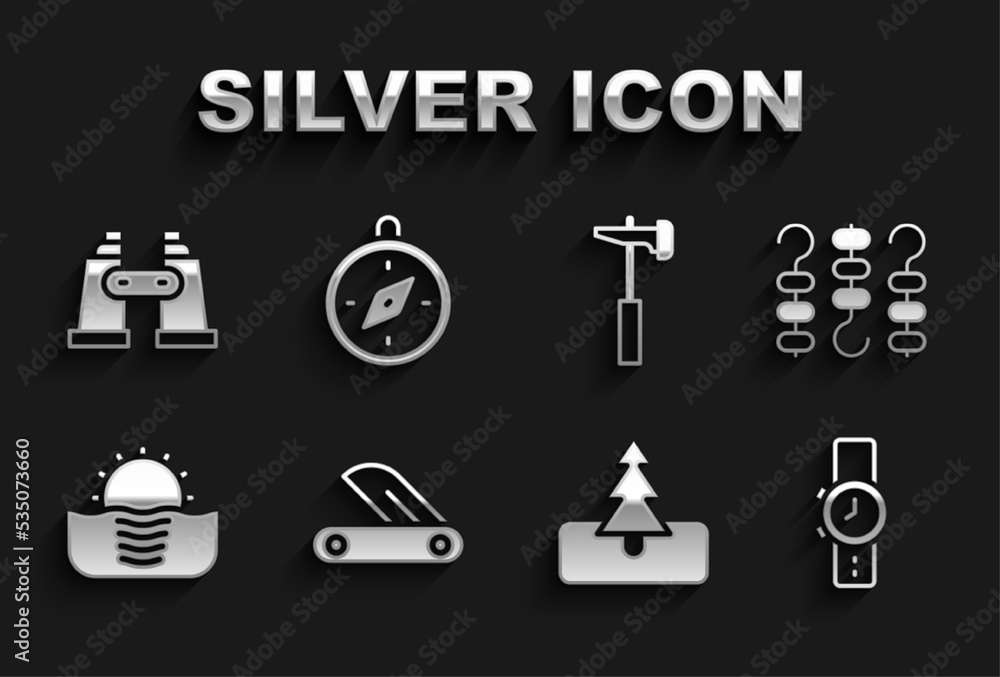 Set Swiss army knife, Grilled shish kebab on skewer, Wrist watch, Tree, Sunrise, Hammer, Binoculars and Compass icon. Vector Set Swiss army knife, Grilled shish kebab on skewer, Wrist watch, Tree, Sunrise, Hammer, Binoculars and Compass icon. Vector