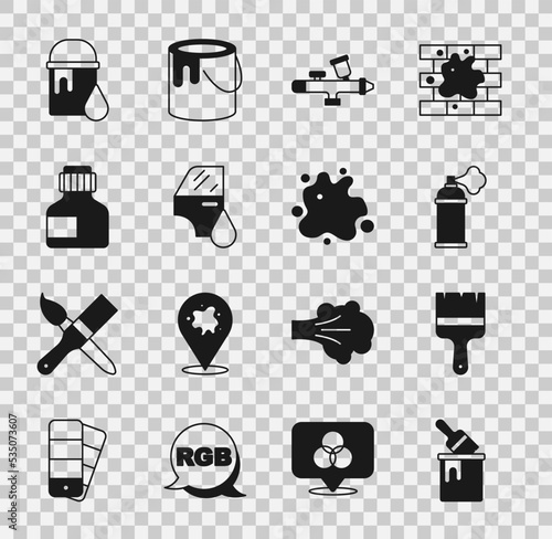 Set Paint bucket with brush, spray can, gun, Car painting, Paint, gouache, jar, dye, and icon. Vector