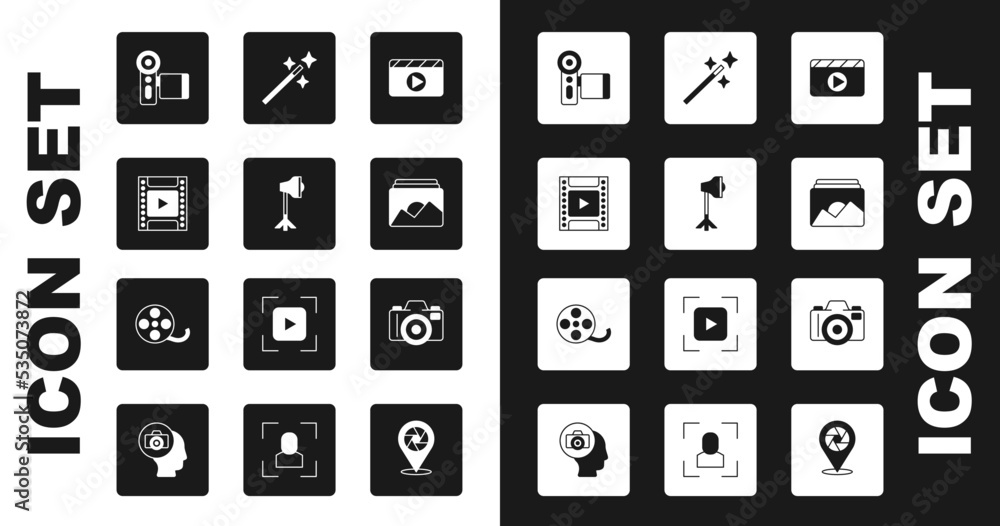 Set Movie clapper, Studio light bulb in softbox, Camera film roll cartridge, Cinema camera, Photo frame, retouching, and Film reel icon. Vector Set Movie clapper, Studio light bulb in softbox, Camera film roll cartridge, Cinema camera, Photo frame, retouching, and Film reel icon. Vector
