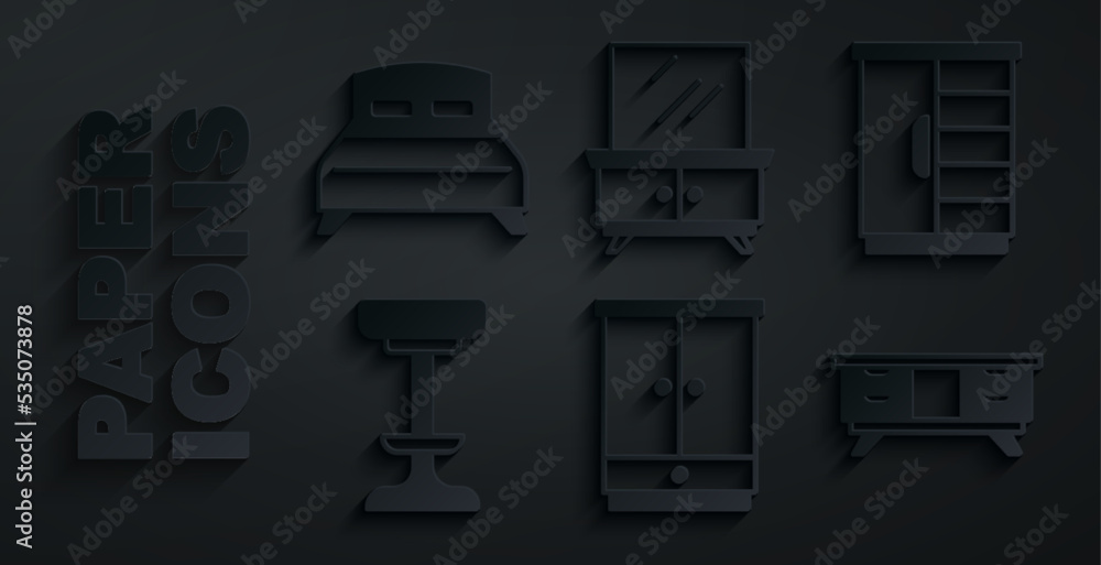 Set Wardrobe, Chair, TV table stand, Dressing and Big bed icon. Vector Set Wardrobe, Chair, TV table stand, Dressing and Big bed icon. Vector