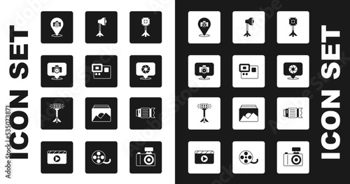 Set Studio light bulb in softbox, Action extreme camera, Photo, Camera shutter, photo lens and icon. Vector