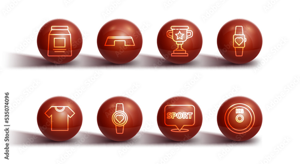 Set line Sports nutrition, T-shirt, Smartwatch, Location gym, Step platform, Weight plate and Award cup icon. Vector