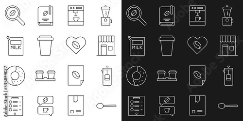 Set line Spoon, French press, Coffee shop, machine, cup to go, Paper package for milk, Selection coffee beans and Lovers icon. Vector