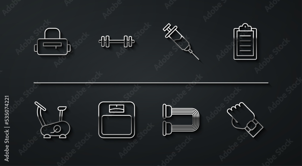 Set line Sport bag, Stationary bicycle, training program, Chest expander, Bathroom scales, Barbell, Smart watch hand and Doping syringe icon. Vector Set line Sport bag, Stationary bicycle, training program, Chest expander, Bathroom scales, Barbell, Smart watch hand and Doping syringe icon. Vector