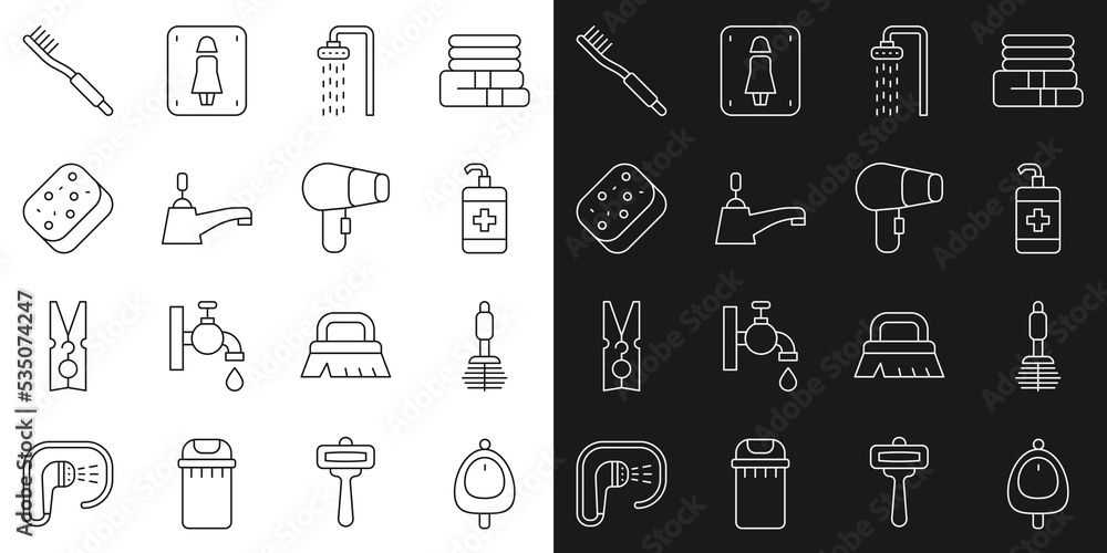 Set line Toilet urinal or pissoir, brush, Hand sanitizer bottle, Shower, Water tap, Sponge, Toothbrush and Hair dryer icon. Vector Set line Toilet urinal or pissoir, brush, Hand sanitizer bottle, Shower, Water tap, Sponge, Toothbrush and Hair dryer icon. Vector
