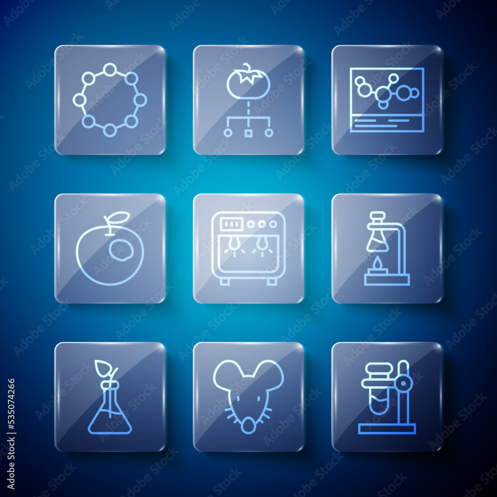 Set line Plant breeding, Experimental mouse, Test tube flask on stand, Chemical formula, Biosafety box, Genetically modified apple, and fire icon. Vector Set line Plant breeding, Experimental mouse, Test tube flask on stand, Chemical formula, Biosafety box, Genetically modified apple, and fire icon. Vector