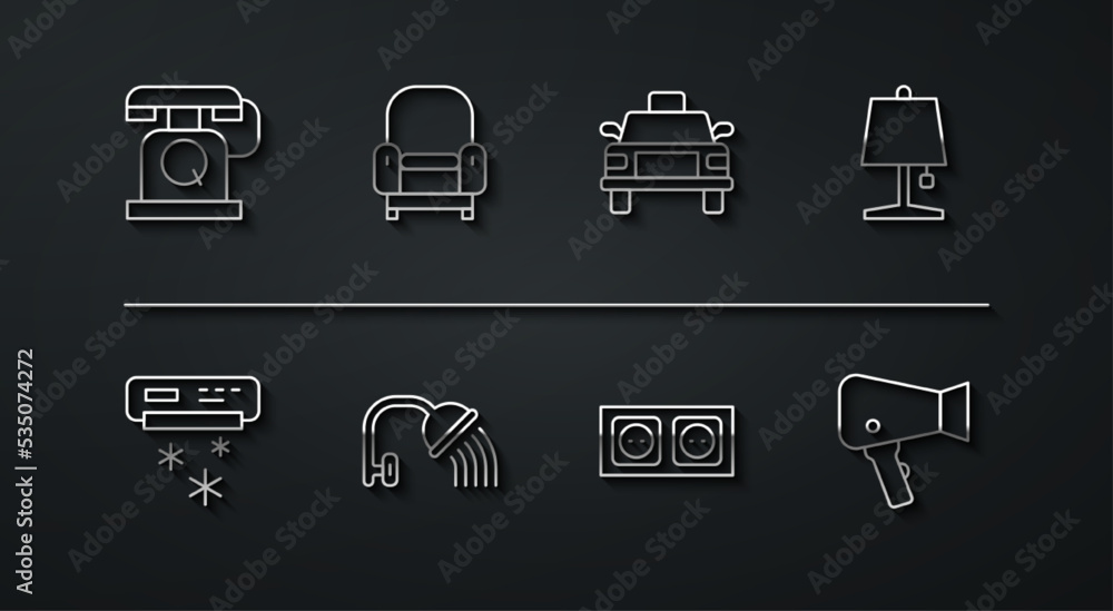 Set line Telephone handset, Air conditioner, Table lamp, Electrical outlet, Shower head, Armchair, Hair dryer and Taxi car icon. Vector Set line Telephone handset, Air conditioner, Table lamp, Electrical outlet, Shower head, Armchair, Hair dryer and Taxi car icon. Vector