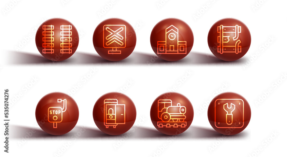 Set line Railway, railroad track, Emergency brake, Broken rails on railway, Vintage locomotive, Toilet the train car, Railroad crossing, Repair of and station icon. Vector Set line Railway, railroad track, Emergency brake, Broken rails on railway, Vintage locomotive, Toilet the train car, Railroad crossing, Repair of and station icon. Vector