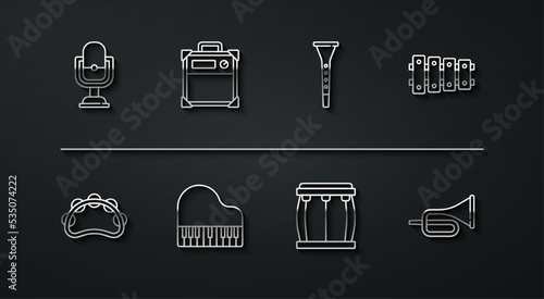 Set line Microphone, Tambourine, Xylophone, Drum, Grand piano, Guitar amplifier, Trumpet and Clarinet icon. Vector