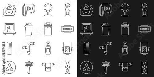 Set line Clothes pin, Gas boiler, Blade razor, Round makeup mirror, Bucket with soap suds, Washbasin, Bar of and Trash can icon. Vector