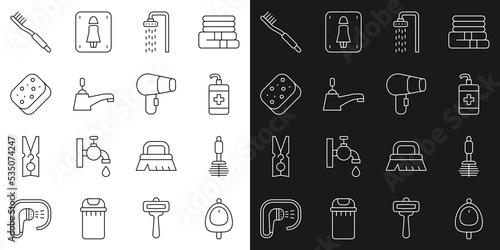 Set line Toilet urinal or pissoir, brush, Hand sanitizer bottle, Shower, Water tap, Sponge, Toothbrush and Hair dryer icon. Vector