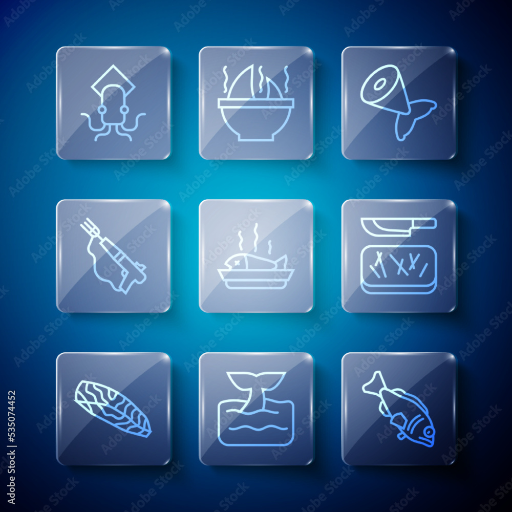 Set line Fish steak, Whale tail in ocean wave, Served fish on plate, Fishing harpoon, Octopus and Cutting board and knife icon. Vector Set line Fish steak, Whale tail in ocean wave, Served fish on plate, Fishing harpoon, Octopus and Cutting board and knife icon. Vector