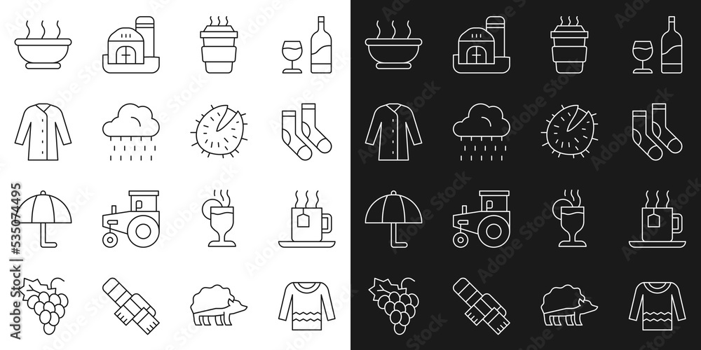 Set line Sweater, Cup of tea with tea bag, Socks, Coffee cup to go, Cloud rain, Raincoat, Bowl hot soup and Chestnut icon. Vector