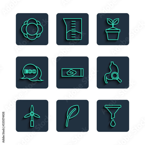 Set line Wind turbine, Leaf or leaves, Funnel filter, Plant pot, Blood test and virus, Label for eco healthy food, Molecule and Stomach with magnifying glass icon. Vector