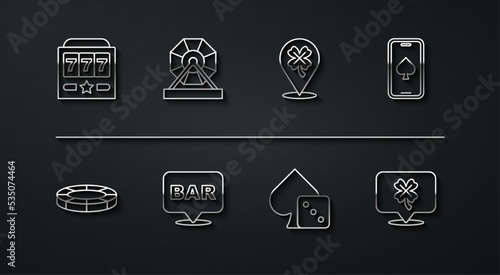 Set line Slot machine with jackpot, Casino chips, Online poker table game, Game dice, Alcohol bar location, Lottery, slot clover and icon. Vector