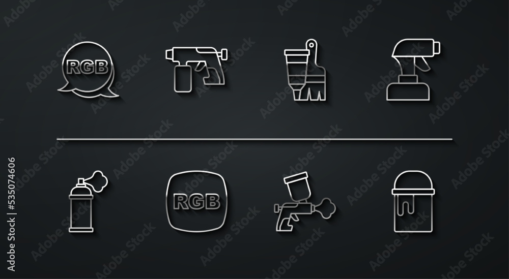 Set line RGB, Paint spray can, gun, bucket and Tube with paint and brush icon. Vector Set line RGB, Paint spray can, gun, bucket and Tube with paint and brush icon. Vector