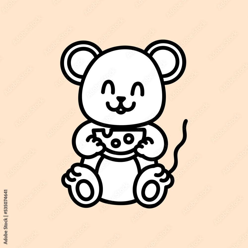 Cute mouse with cheese. Farm animal. Kawaii face. Hand draw doodle style. Vector on isolated background. For printing on paper and fabric, children's illustration