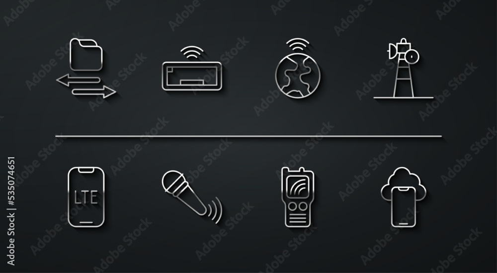 Set line Transfer files, LTE network, Satellite dish, Walkie talkie, Wireless microphone, Computer keyboard, Cloud technology data and Global icon. Vector Set line Transfer files, LTE network, Satellite dish, Walkie talkie, Wireless microphone, Computer keyboard, Cloud technology data and Global icon. Vector