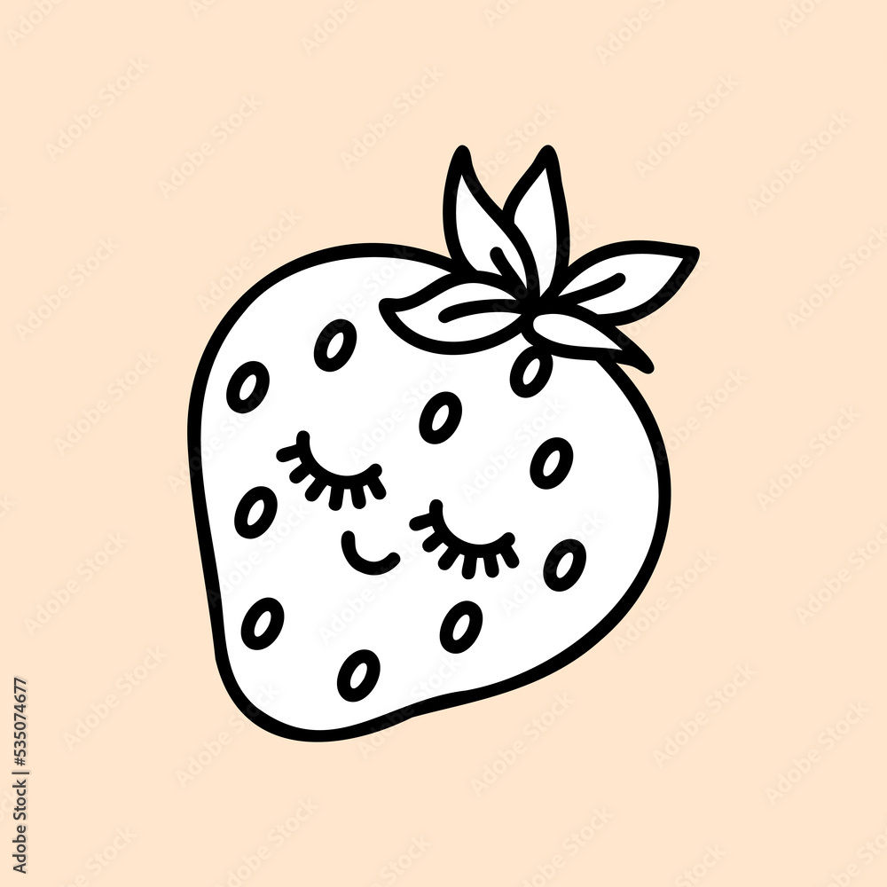 Cute strawberry farm organic sweet berry. Hand draw illustration. Kawaii face. Doodle style. Vector on isolated background. For printing on paper and fabric, children's illustration Cute strawberry farm organic sweet berry. Hand draw illustration. Kawaii face. Doodle style. Vector on isolated background. For printing on paper and fabric, children's illustration