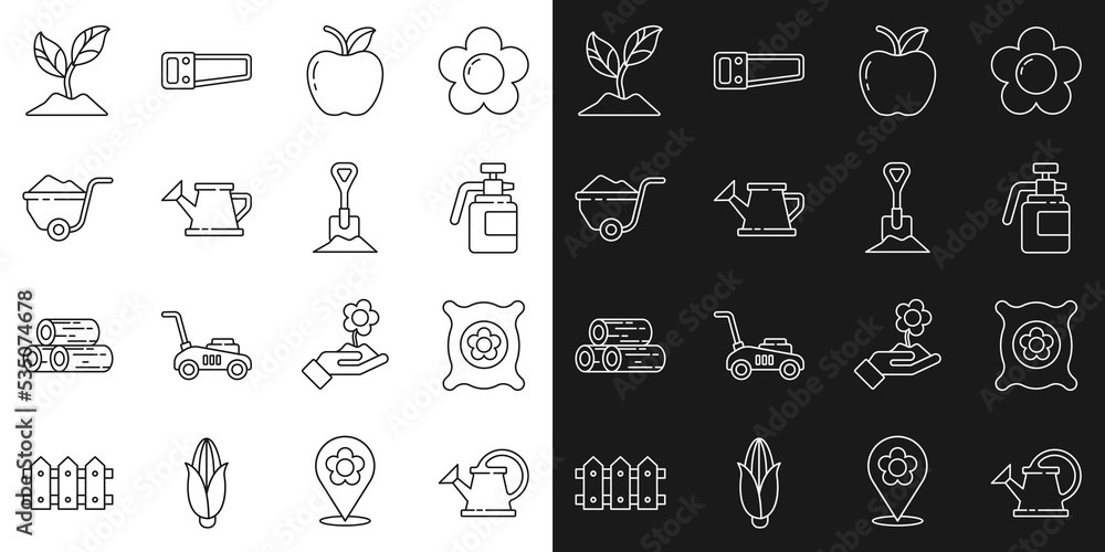 Set line Watering can, Pack full of seeds of plant, Garden sprayer for fertilizer, Apple, Wheelbarrow with dirt, Plant and Shovel the ground icon. Vector Set line Watering can, Pack full of seeds of plant, Garden sprayer for fertilizer, Apple, Wheelbarrow with dirt, Plant and Shovel the ground icon. Vector