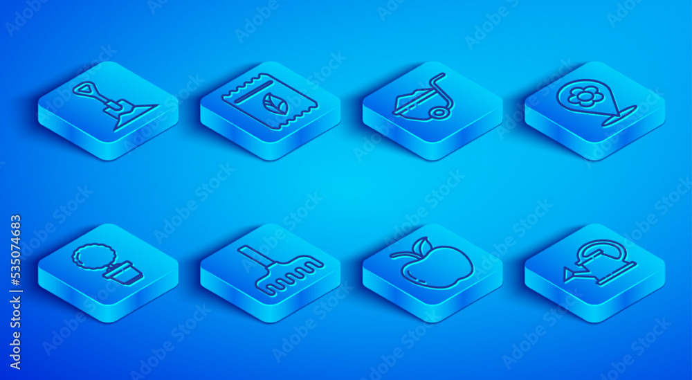 Set line Shovel in the ground, Pack full of seeds of plant, Wheelbarrow with dirt, Garden rake, Apple, Location flower, Flower pot and Watering can icon. Vector Set line Shovel in the ground, Pack full of seeds of plant, Wheelbarrow with dirt, Garden rake, Apple, Location flower, Flower pot and Watering can icon. Vector