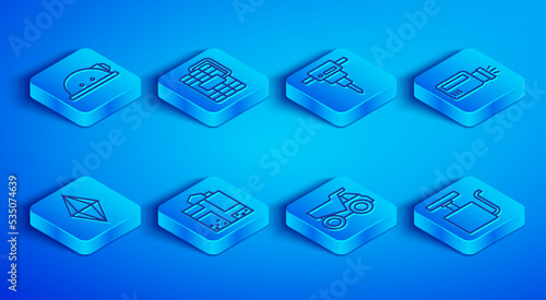 Set line Miner helmet, Dynamite, Construction jackhammer, entrance, Mining dump truck, Flashlight, Gem stone and Handle detonator icon. Vector