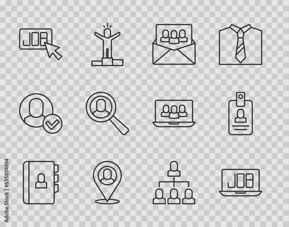 Set line Resume, Search job, Project team base, Worker location, Magnifying glass for search, Employee hierarchy and Identification badge icon. Vector Set line Resume, Search job, Project team base, Worker location, Magnifying glass for search, Employee hierarchy and Identification badge icon. Vector