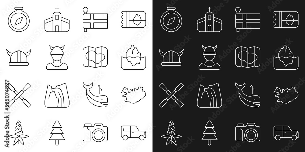 Set line Car, Map of Iceland, Iceberg, Flag, Viking head, horned helmet, Compass and icon. Vector