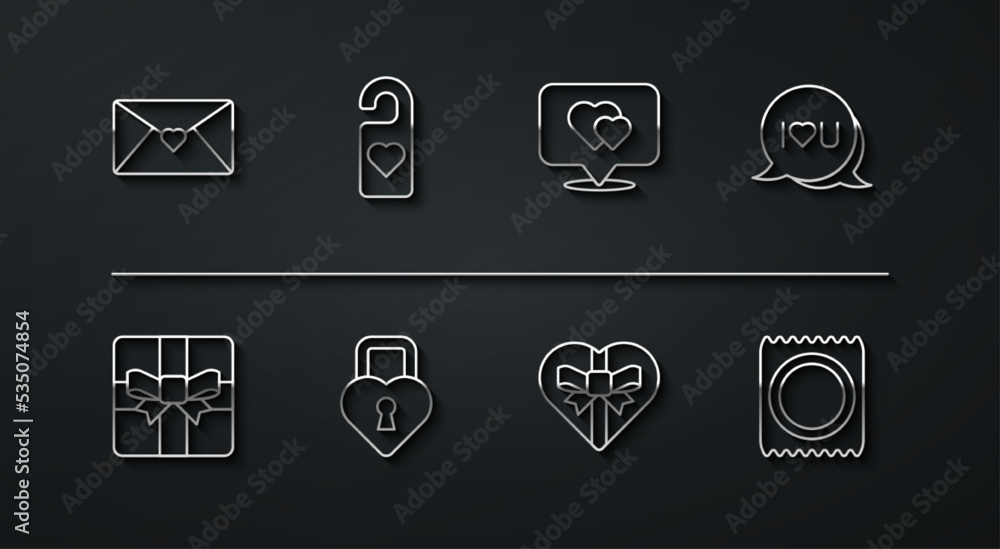 Set line Envelope with Valentine heart, Gift box, Speech bubble text I love you, Candy shaped, Castle the of, Please do not disturb, Condom package and Location icon. Vector Set line Envelope with Valentine heart, Gift box, Speech bubble text I love you, Candy shaped, Castle the of, Please do not disturb, Condom package and Location icon. Vector