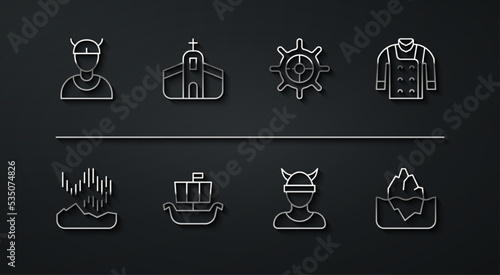Set line Viking head, Northern lights, Sweater, ship Drakkar, Church building, Iceberg and Ship steering wheel icon. Vector
