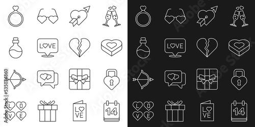 Set line Calendar with February 14, Castle in the shape of heart, Candy shaped box, Amour arrow, Love text, Bottle love potion, Wedding rings and Broken or divorce icon. Vector