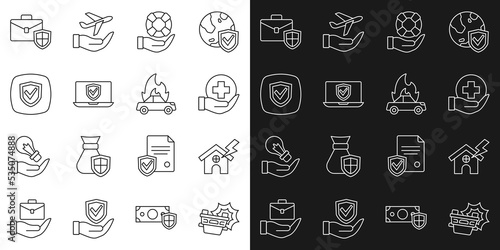 Set line Car accident, House and lightning, Life insurance, Lifebuoy hand, Insurance online, Shield, Briefcase with shield and Burning car icon. Vector