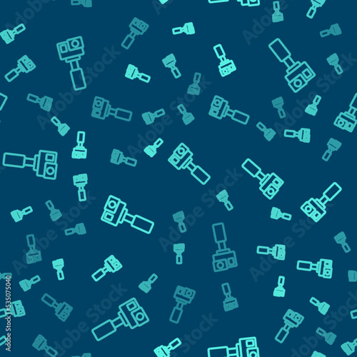 Green line Action extreme camera icon isolated seamless pattern on blue background. Video camera equipment for filming extreme sports. Vector