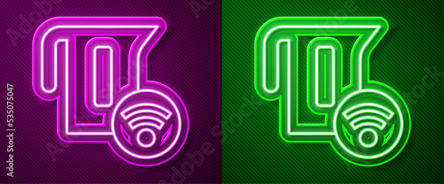 Glowing neon line Smart electric kettle system icon isolated on purple and green background. Teapot icon. Internet of things concept with wireless connection. Vector