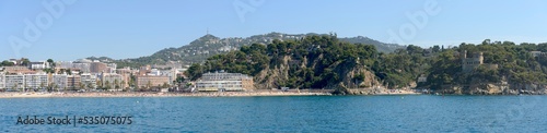 Coastline with Lloret beach from the sea, Catalonia.