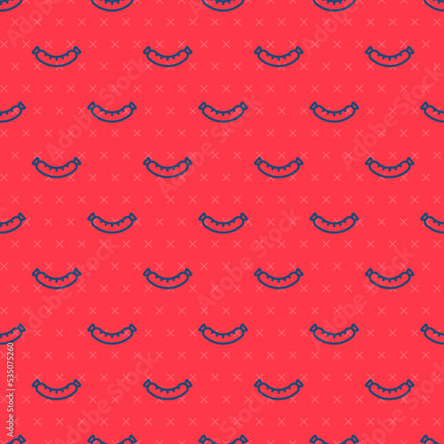 Blue line Sausage icon isolated seamless pattern on red background. Grilled sausage and aroma sign. Vector