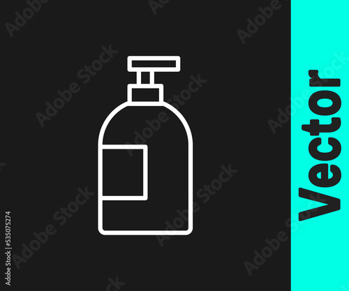 White line Dishwashing liquid bottle icon isolated on black background. Liquid detergent for washing dishes. Vector